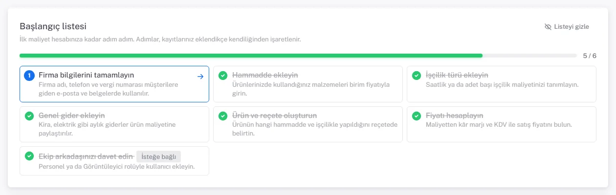 Başlangıç listesi: ilerleme çubuğu 5 / 6, tamamlanan adımlar yeşil onay işaretli ve üstü çizili, sıradaki adım Firma bilgilerini tamamlayın mavi çerçeveli