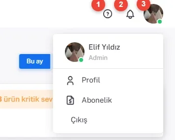 Üst çubuk: Destek Merkezi simgesi, bildirim zili ve açık kullanıcı menüsü (Profil, Abonelik, Çıkış)