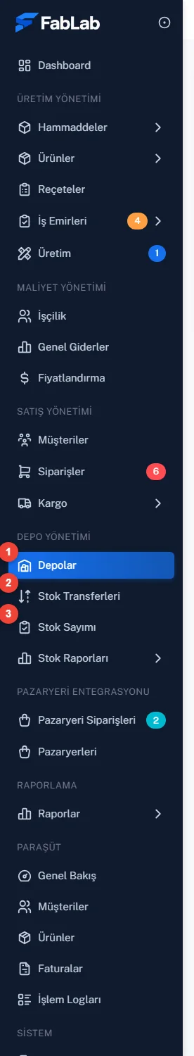Sol menüde Depo Yönetimi bölümü: Depolar, Stok Transferleri, Stok Sayımı ve Stok Raporları