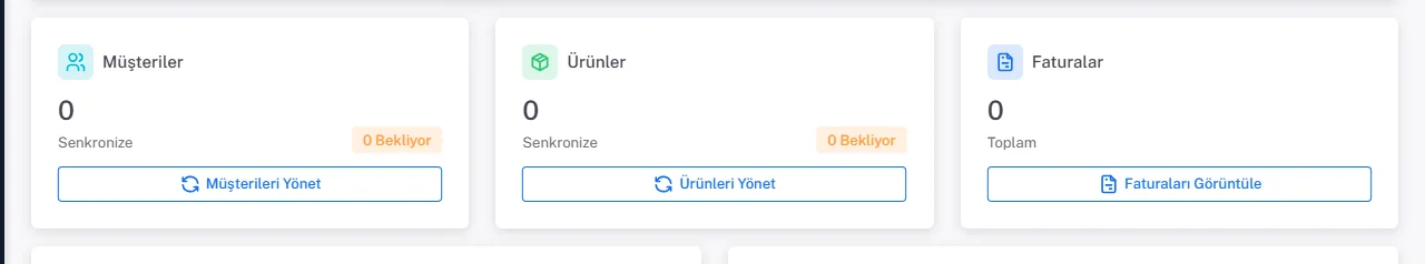 Paraşüt Genel Bakış özet kartları: Müşteriler, Ürünler ve Faturalar; Senkronize ve Bekliyor sayıları, Müşterileri Yönet, Ürünleri Yönet, Faturaları Görüntüle düğmeleri