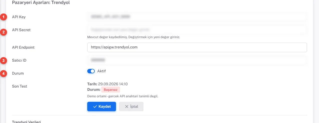 Pazaryeri Ayarları formu: API Key, API Secret, API Endpoint, Satıcı ID, Aktif anahtarı ve Son Test bilgisi