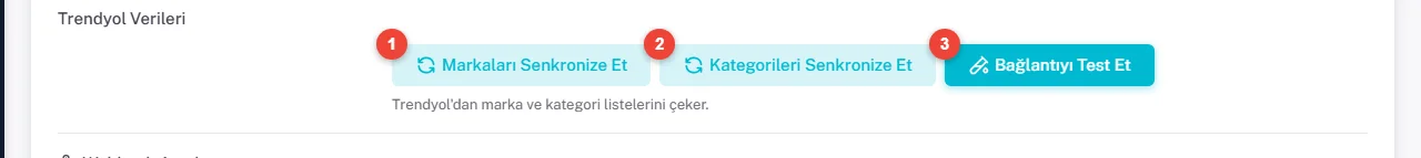 Trendyol Verileri bölümü: Markaları Senkronize Et, Kategorileri Senkronize Et ve Bağlantıyı Test Et düğmeleri