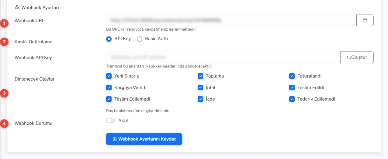 Webhook Ayarları formu: Webhook URL, Kimlik Doğrulama seçimi, Webhook API Key, Dinlenecek Olaylar onay kutuları ve Webhook Durumu anahtarı