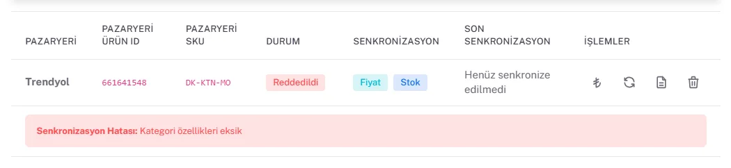 Reddedildi durumlu Trendyol kaydı ve altında Senkronizasyon Hatası: Kategori özellikleri eksik