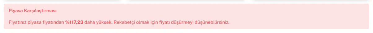Kırmızı Piyasa Karşılaştırması kutusu: Fiyatınız piyasa fiyatından yüzde 117,23 daha yüksek; rekabetçi olmak için fiyatı düşürmeyi düşünebilirsiniz