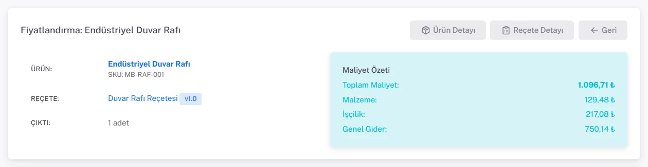 Fiyatlandırma: Endüstriyel Duvar Rafı; Maliyet Özeti: Toplam Maliyet 1.096,71 TL, Malzeme 129,48 TL, İşçilik 217,08 TL, Genel Gider 750,14 TL