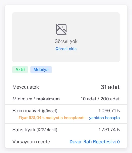 Endüstriyel Duvar Rafı ürün kartı: Birim maliyet (güncel) 1.096,71 TL; altında Fiyat 931,04 TL maliyetle hesaplandı, yeniden hesapla bağlantısı; Satış fiyatı KDV dahil 1.731,74 TL