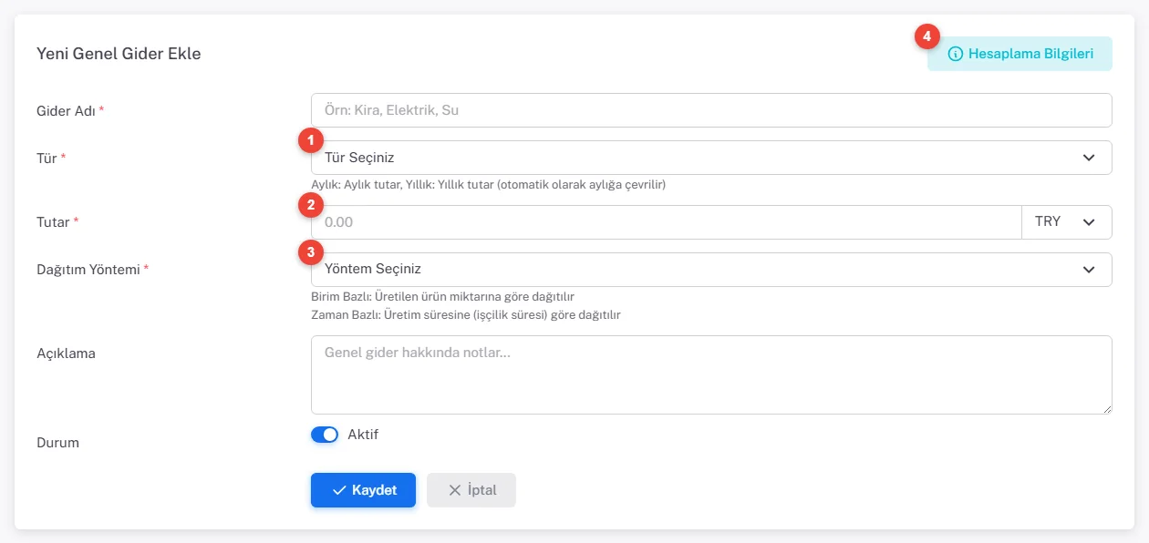 Yeni Genel Gider Ekle formu: Gider Adı, Tür, Tutar ve TRY kutusu, Dağıtım Yöntemi, Açıklama, Aktif anahtarı; sağ üstte Hesaplama Bilgileri düğmesi