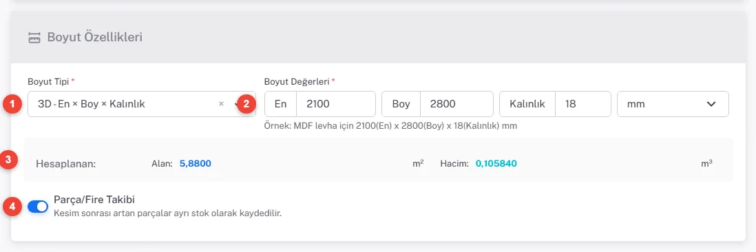 Boyut Özellikleri kartı: Boyut Tipi 3D, En 2100, Boy 2800, Kalınlık 18 mm, Hesaplanan satırında alan 5,8800 m² ve hacim 0,105840 m³, Parça/Fire Takibi açık