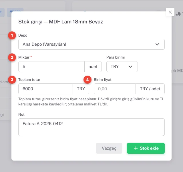 Stok girişi penceresi, MDF Lam 18mm Beyaz: Depo Ana Depo (Varsayılan), Miktar 5 adet, Para birimi TRY, Toplam tutar 6000 TRY, Birim fiyat boş, Not Fatura A-2026-0412; Vazgeç ve Stok ekle düğmeleri