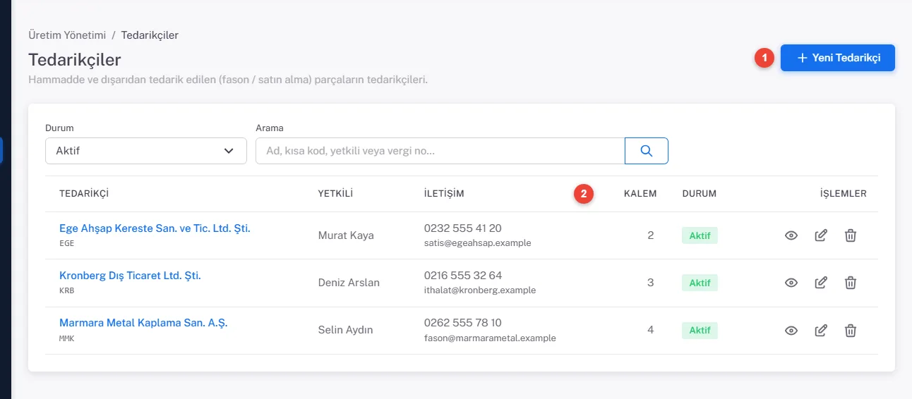 Tedarikçiler listesi: Durum ve Arama süzgeçleri; Ege Ahşap, Kronberg Dış Ticaret ve Marmara Metal Kaplama satırlarında yetkili, telefon, e-posta, kalem sayısı ve Aktif durumu