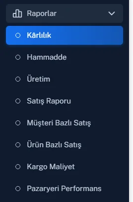 Açık Raporlar menüsü: Kârlılık, Hammadde, Üretim, Satış Raporu, Müşteri Bazlı Satış, Ürün Bazlı Satış, Kargo Maliyet, Pazaryeri Performans