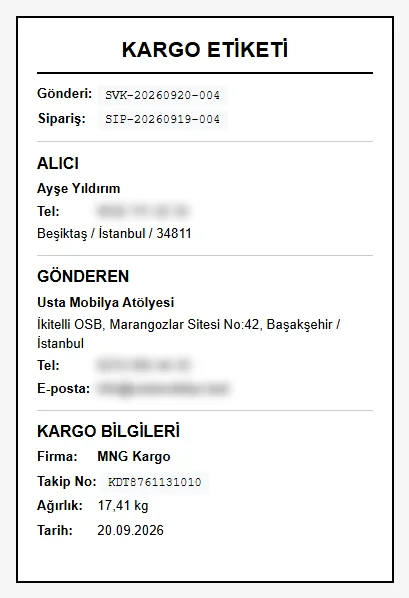 Kargo etiketi: gönderi ve sipariş numarası, alıcı, gönderen firma bilgileri, kargo firması, takip numarası, ağırlık ve tarih
