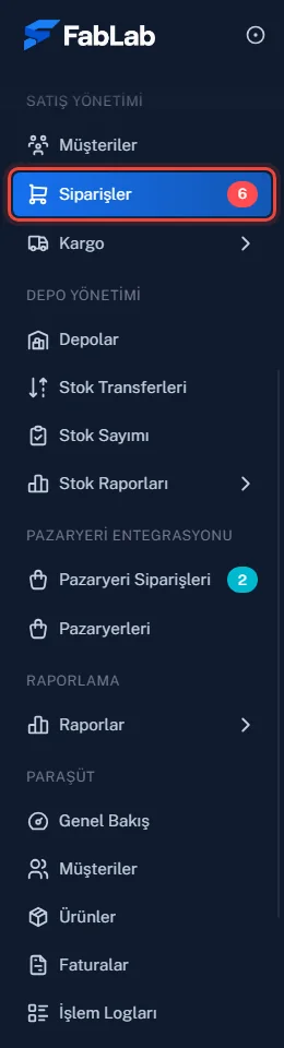 Sol menüde Satış Yönetimi başlığı altında Müşteriler, Siparişler (6 rozetli) ve Kargo menüleri