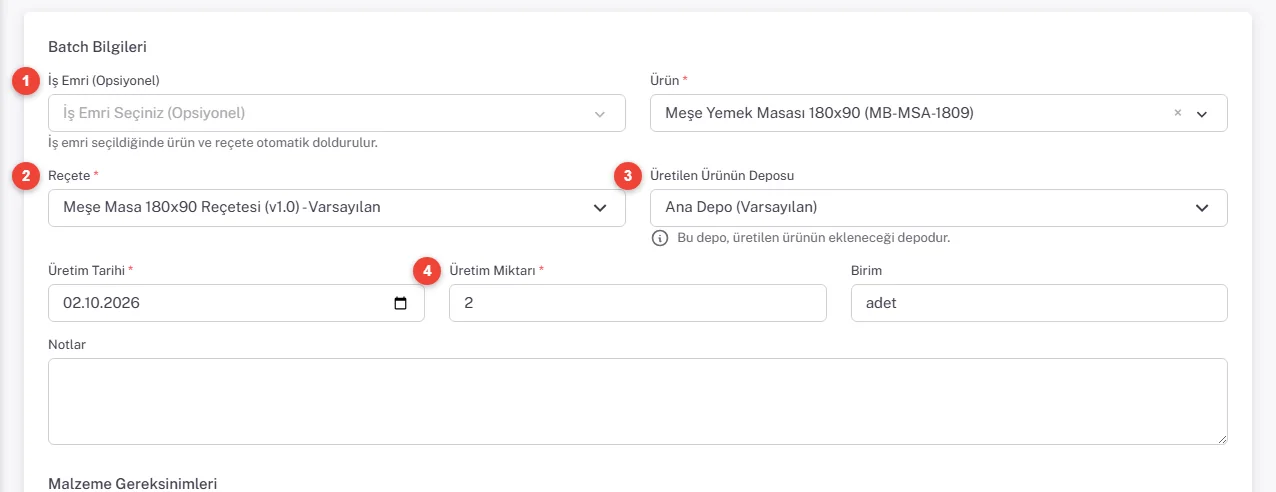 Yeni Batch formu: Meşe Yemek Masası seçili; İş Emri, Reçete, Üretilen Ürünün Deposu, Üretim Tarihi, Üretim Miktarı 2 ve Birim alanları