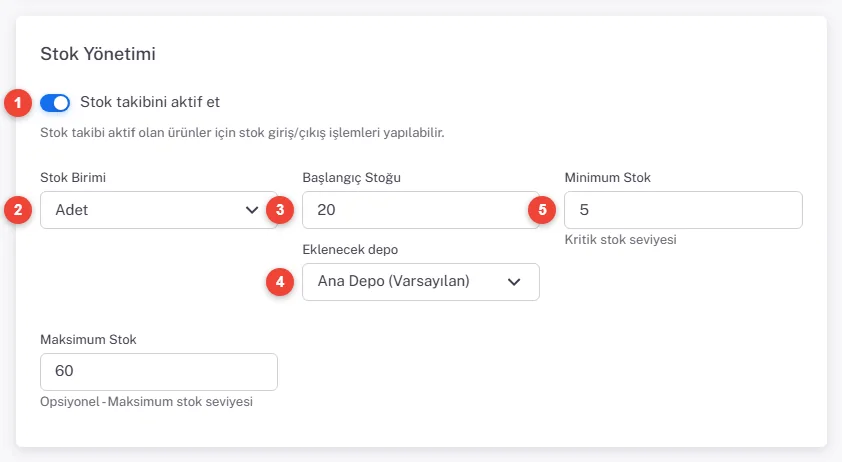 Stok Yönetimi kartı: Stok takibini aktif et açık, Stok Birimi Adet, Başlangıç Stoğu 20, Eklenecek depo Ana Depo, Minimum Stok 5, Maksimum Stok 60